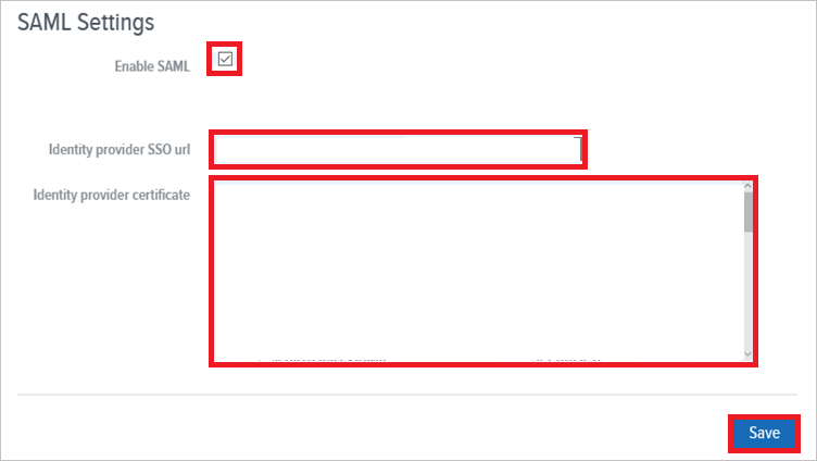 Screenshot shows SAML Settings where you can enter the values described.